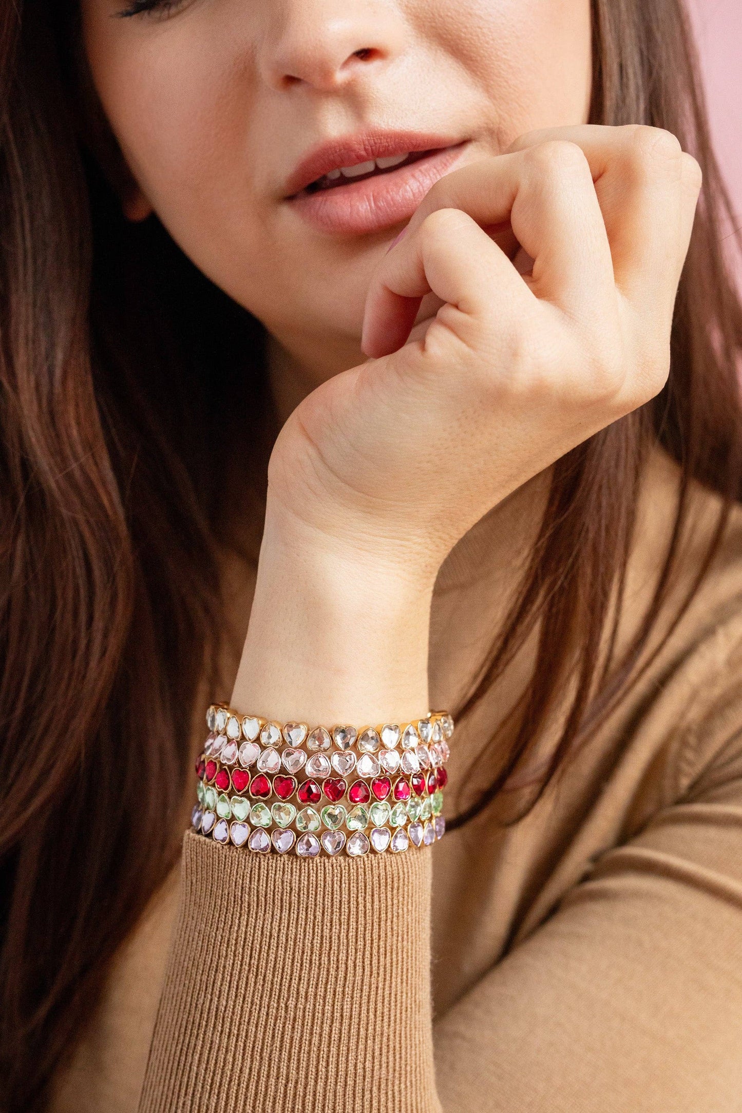 Alex and Ani - Pink Crystal Heart Stretch Bracelet: Silver