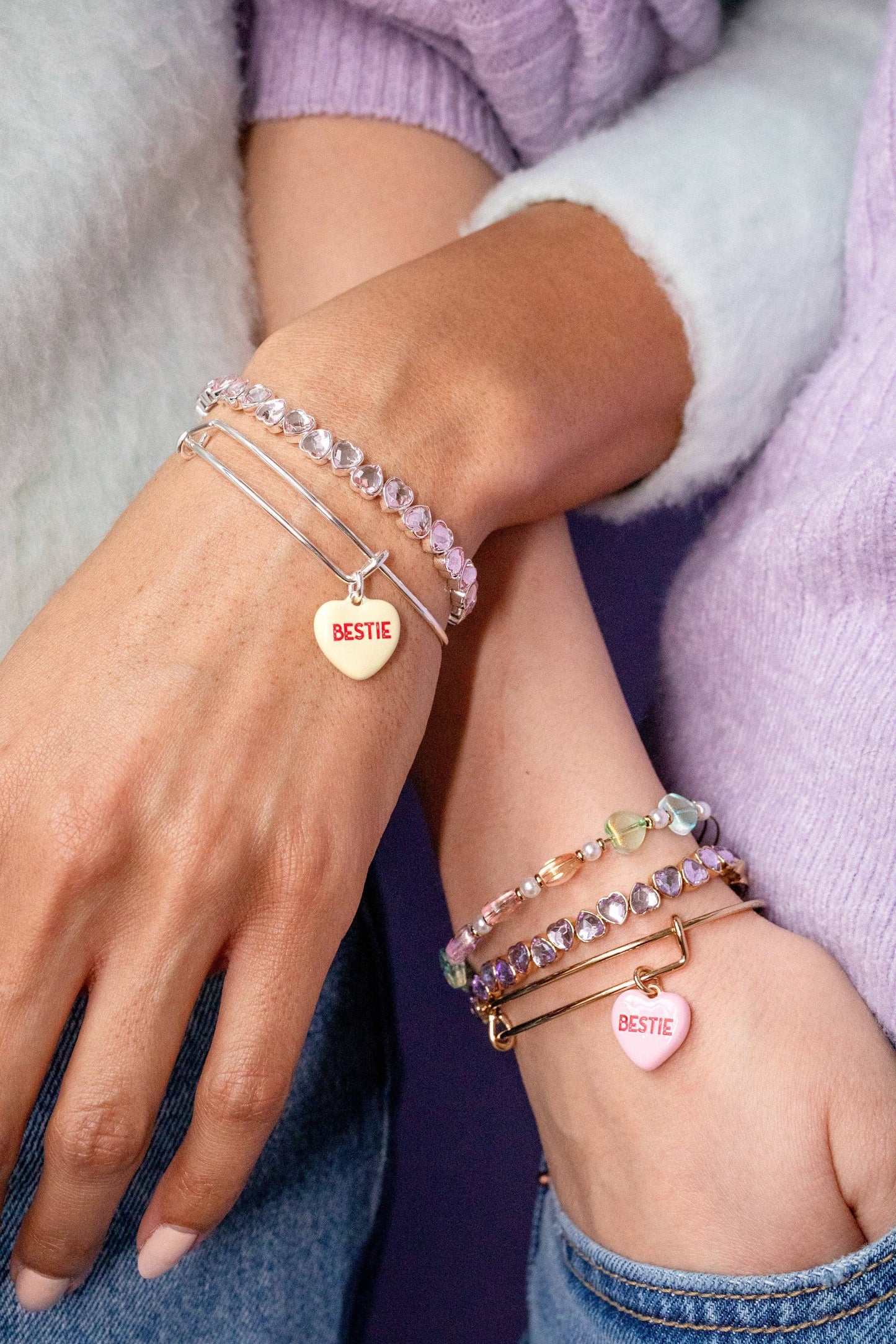 Alex and Ani - Pink Crystal Heart Stretch Bracelet: Silver